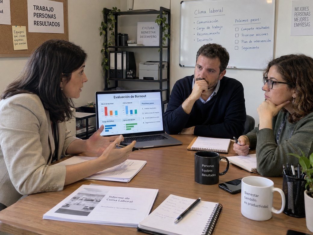 Una consultora explica los resultados de una evaluación de clima laboral, con una computadora portátil abierta, a dos personas que la escuchan con atención del otro lado de la mesa.